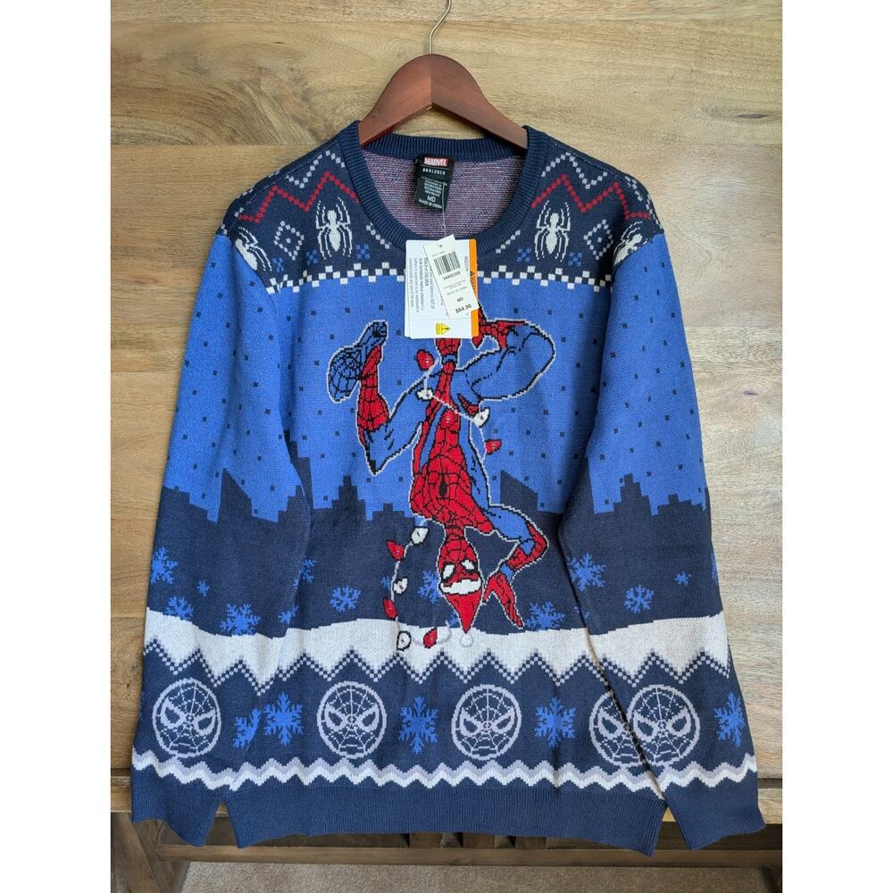 NWT Marvel Sweater Mens MD Blue Knit Spiderman Upsidedown Holiday Long Sleeve